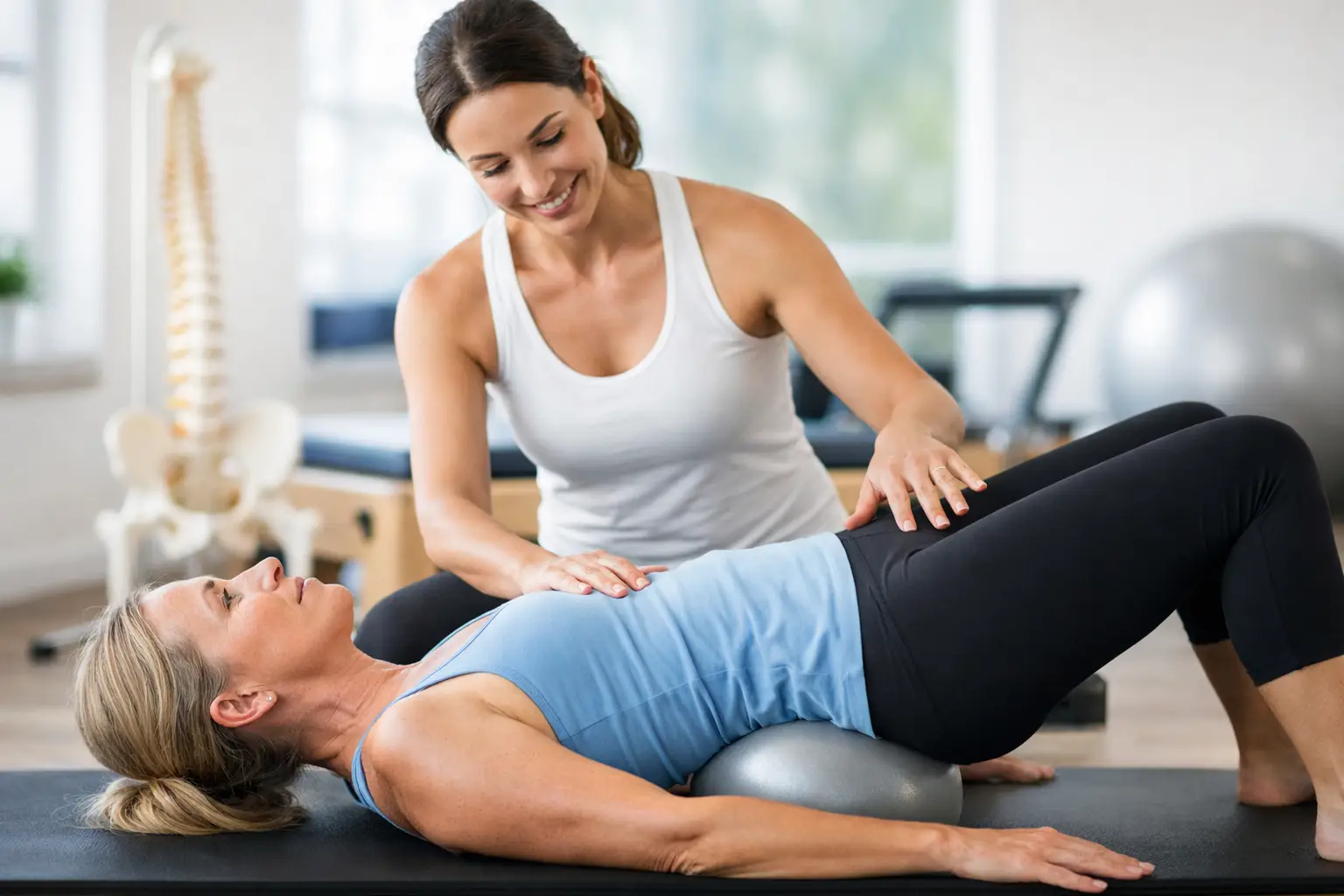 Fisioterapeuta auxiliando paciente com hérnia de disco em exercício de Pilates para estabilização lombar