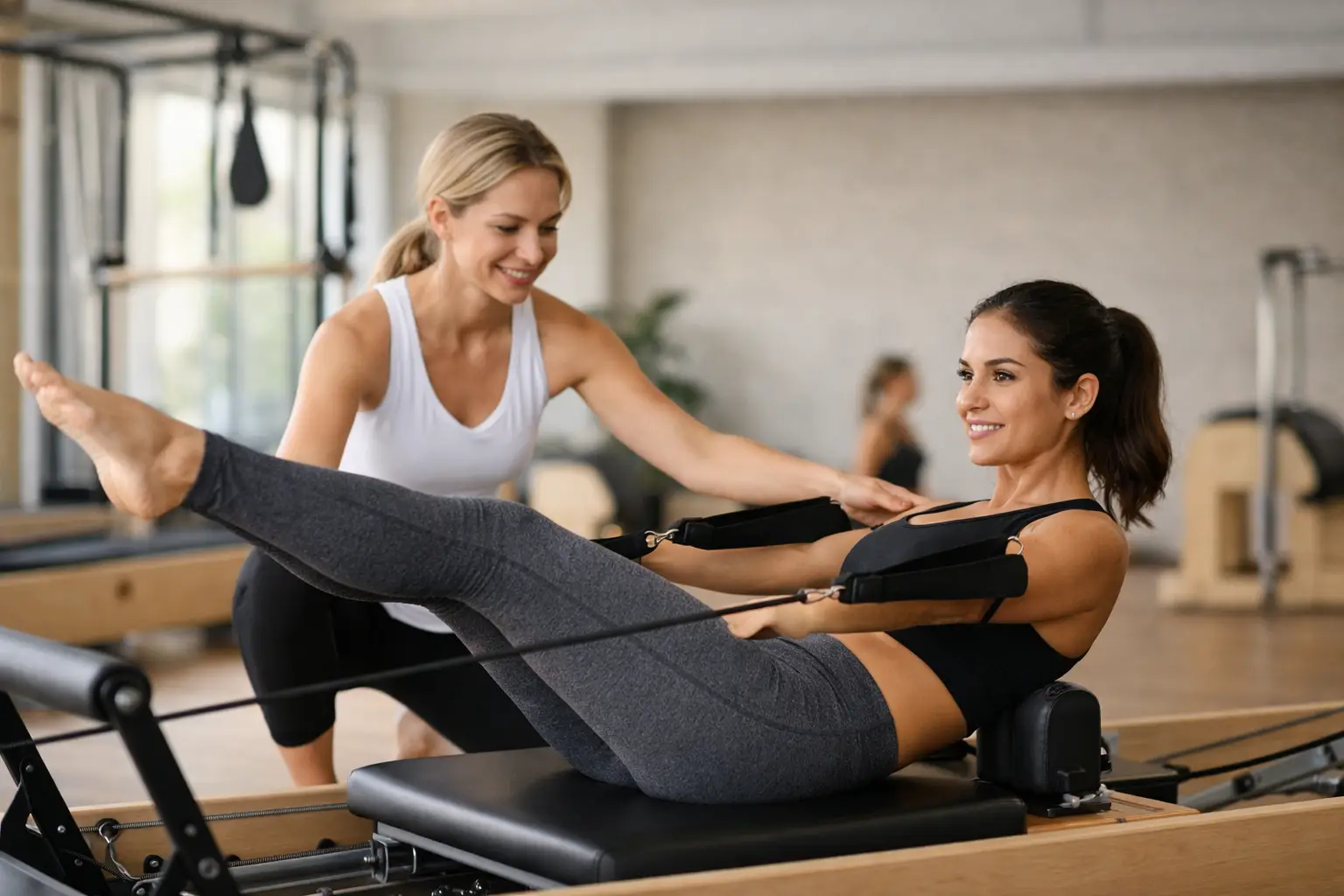 Fisioterapeuta orientando aluna em exercício no Reformer em studio de Pilates em Perdizes