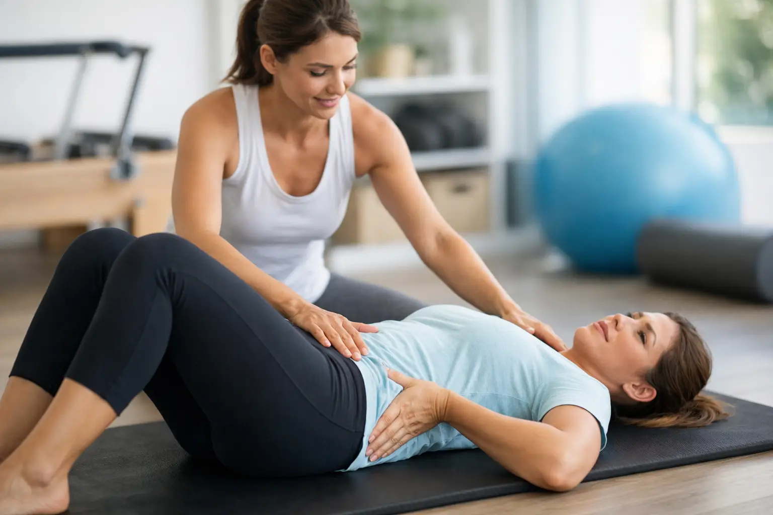 Fisioterapeuta orientando paciente em exercício de Pilates para fortalecimento lombar